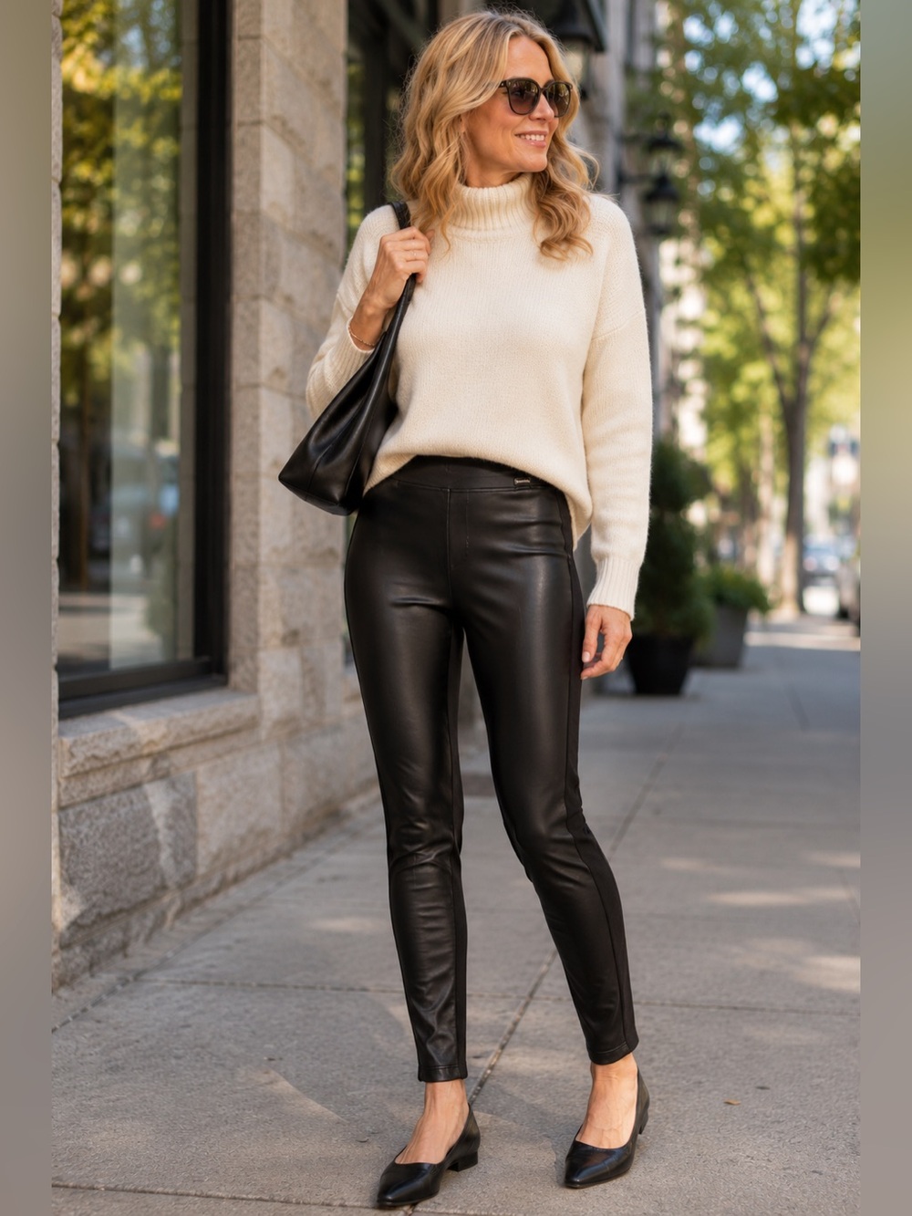 Calvin Klein Faux Leather Ponte Mixed Media Leggings Black Pull-On Stretch Pants